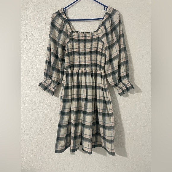 EUC Madewell Lucie Elbow Sleeve Smocked Mini Dress Lebaum Plaid Cotton Small - Picture 3 of 15